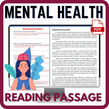 Preview of Mental Health Month Reading Passage with comprehension questions - digital