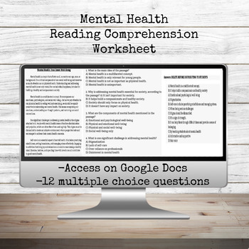 Preview of Mental Health Reading Comprehension Worksheet | Mental Illness | Health