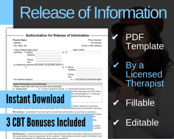 Preview of Mental Health Release of Information Form, ROI, PDF, Fillable, Editable