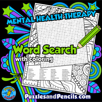 Preview of Mental Health Therapy Word Search Puzzle Activity Page with Mindfulness Coloring