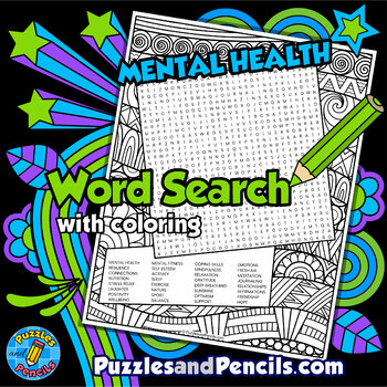 Preview of Mental Health Word Search Puzzle Page with Mindfulness Coloring | Mental Fitness