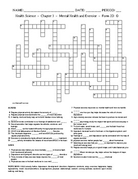 Preview of Mental Health and Exercise- HS / MS Health Science- Crossword with Word Bank- F2