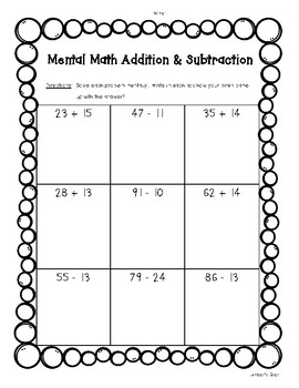 mental math 2 digit addition and subtraction worksheet packet by 4 little baers