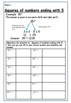 Preview of Mental Math: Squares of numbers ending with 5