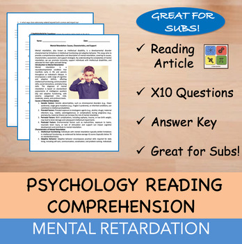 Preview of Mental Retardation - Psychology Reading Passage - 100% EDITABLE