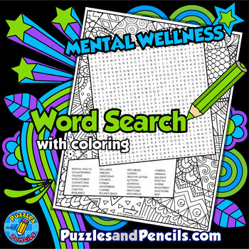 Preview of Mental Wellness Word Search Puzzle Page & Mindfulness Coloring | Mental Health