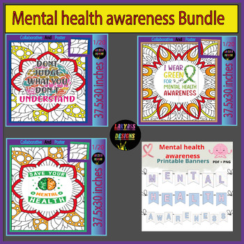 Preview of Mental health awareness Quote Collaborative Colorin Poster Bulletin Board Bundle