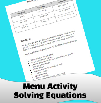 Preview of Menu Activity for Solving Equations - Mini Project - Algebra 1