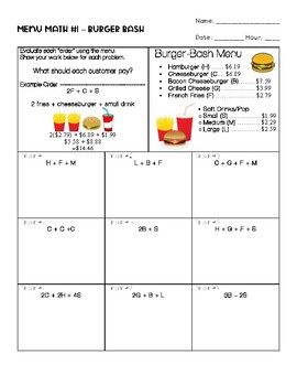 Menu Math 1 Burger Bash By Laura Monticello Tpt