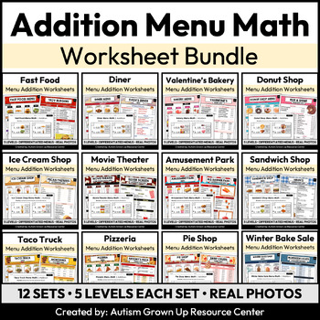 Preview of Menu Math ADDITION Full Year Bundle for Special Education