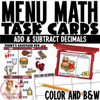 Preview of Menu Math | Add & Subtract Decimals Printable Task Cards  | 4.MD.A.2