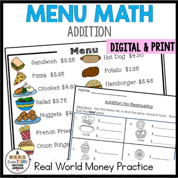 Preview of Menu Math Money Addition Real World Math Print and Digital Google Slides