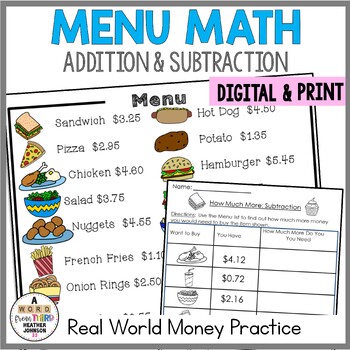Preview of Menu Math Money Problem Solving Addition & Subtraction Print and Digital