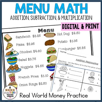 Preview of Menu Math Addition Subtraction Multiplication Real World Money Print and Digital