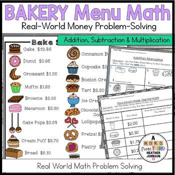 Preview of Menu Math Real World Money Practice Bakery Addition, Subtraction, Multiplication
