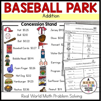 Preview of Menu Math Real World Money Baseball Park Addition of Money Problem Solving