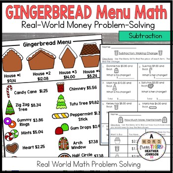 Preview of Menu Math Real World Money Gingerbread Subtraction Problem Solving Christmas