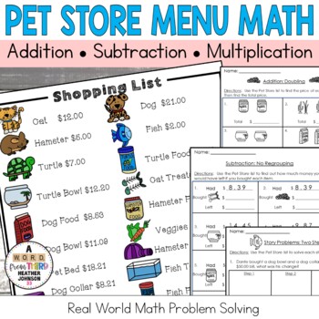 Preview of Menu Math Real World Addition, Subtraction, & Multiplication Money Pet Store