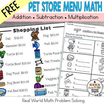 Preview of Menu Math Real World Money Pet Store Addition Subtraction Multiplication FREEBIE