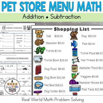 Preview of Menu Math Real World Addition and Subtraction of Money Problem Solving Pet Store