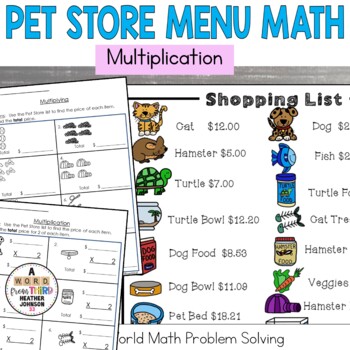 Preview of Menu Math Real World Money Multiplication Problem Solving Pet Story Problems