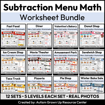 Preview of Menu Math SUBTRACTION Full Year Bundle for Special Education