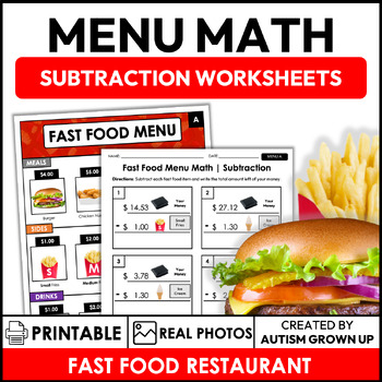 Preview of Menu Math Subtraction Worksheets | Fast Food | Special Education