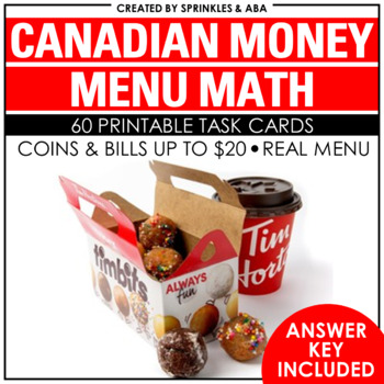 Preview of Menu Math Task Cards Canadian Money