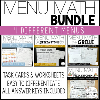 Preview of Menu Math Worksheet and Task Card BUNDLE