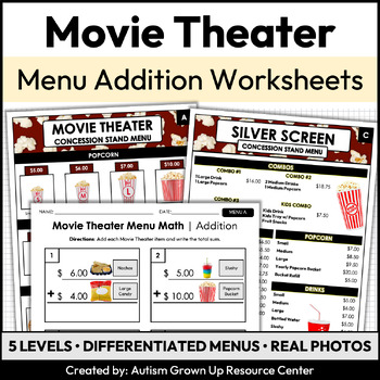 Preview of Menu Math Worksheets | Movie Theater Concession Stand | Addition