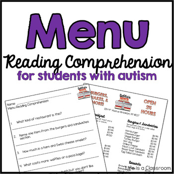 Preview of Menu Reading Comprehension Worksheets Life Skills and Functional Literacy