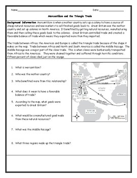 Preview of Mercantilism and Triangle Trade Map Worksheet with Answer Key