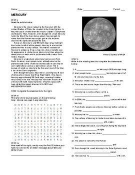 Preview of Mercury- Article, Questions, Wordsearch, and Hidden Message!