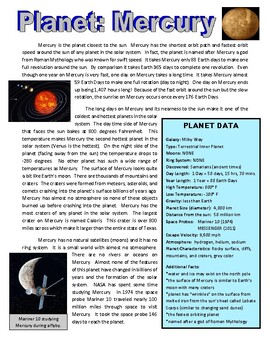 Preview of Mercury (Science Space & Planets Article Question Packet / Puzzles / Sub)