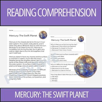 Preview of Mercury The Swift Planet- Reading Comprehension Activity | 2nd Grade & 3rd Grade