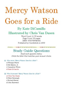 Preview of Mercy Watson Goes for a Ride by Kate DiCamillo; Multiple-Choice Quiz w/Ans Key