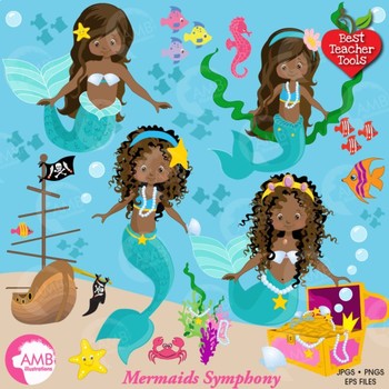Preview of Mermaid Clipart, Pretty African American Mermaids, Clipart AMB-1363