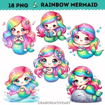 Preview of Mermaid Clipart l Rainbow Mermaid PNG, Printable Watercolor clipart, Paper craft