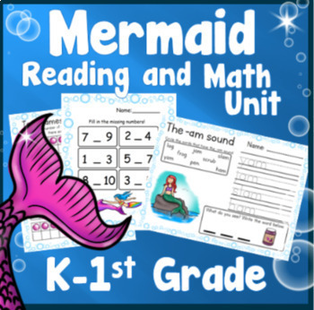 Preview of Mermaid Kindergarten 1st Grade Distance Learning Math Reading and Writing Unit