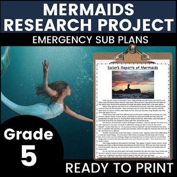 Preview of Mermaid Research Activities 5th Grade Emergency Sub Plans Math, English, Science