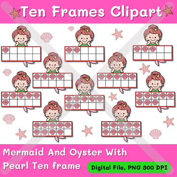 Preview of Mermaid Ten frame template, Mermaid And Oyster with Pearl Ten frame clipart