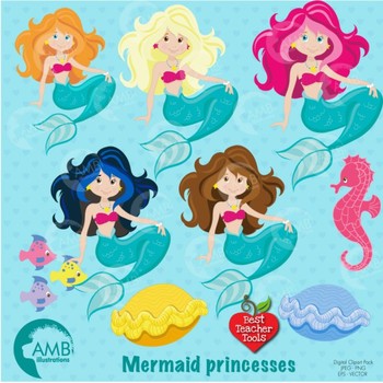 Preview of Mermaid Clipart, Pretty Mermaids Digital Download, Clipart AMB-818
