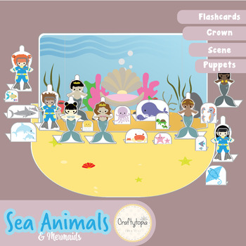 Preview of Mermaids and Sea Animals Ocean Scene, Puppets, Crown,  Scavenger Hunt Flashcards