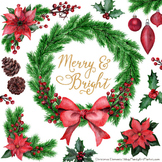 Merry & Bright Watercolor Christmas Wreath Clipart - Holly
