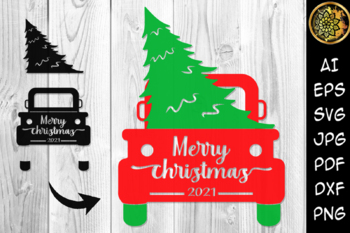 Preview of Merry Christmas 2021 Pine Tree and Truck SVG, Clipart Design Elements