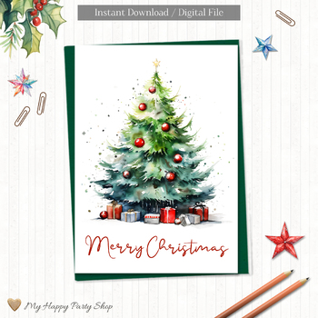 Preview of Merry Christmas Card, Greeting Card, Elegant Christmas Tree, PRINTABLE