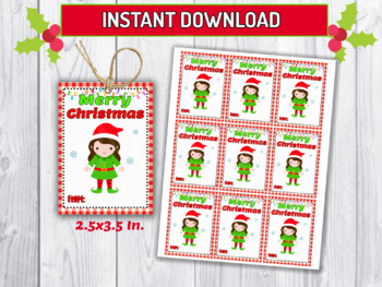 Merry Christmas Gift Tags, Holiday Elf girl Card, Classmates Exchange Ideas