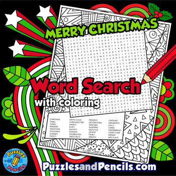 Preview of Merry Christmas Word Search Puzzle Activity Page with Coloring | Holidays