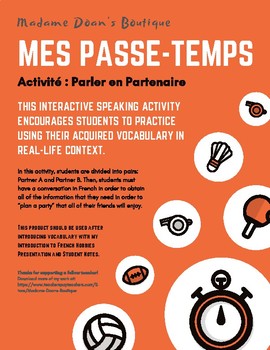 Preview of Mes Passe-Temps : Partner Speaking Activity with French Hobbies