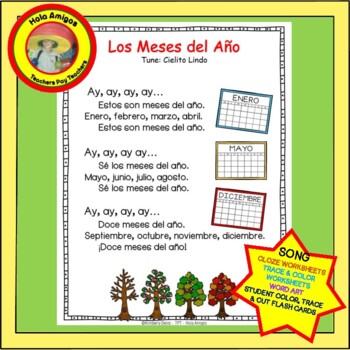 Preview of Meses del Año, Spanish months-Song & worksheets, flash cards, trace & color